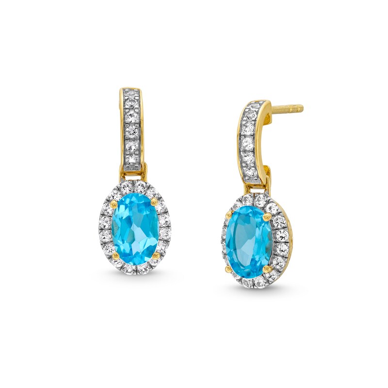 Main Image 1 of Oval Swiss Blue Topaz and White Lab-Created Sapphire Frame Drop Earrings in 10K Gold