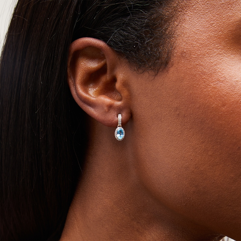 Main Image 2 of Oval Swiss Blue Topaz and White Lab-Created Sapphire Frame Drop Earrings in 10K Gold