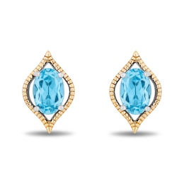 Enchanted Disney Jasmine Oval Swiss Blue Topaz Solitaire Marquise Frame Stud Earrings in Sterling Silver and 10K Gold