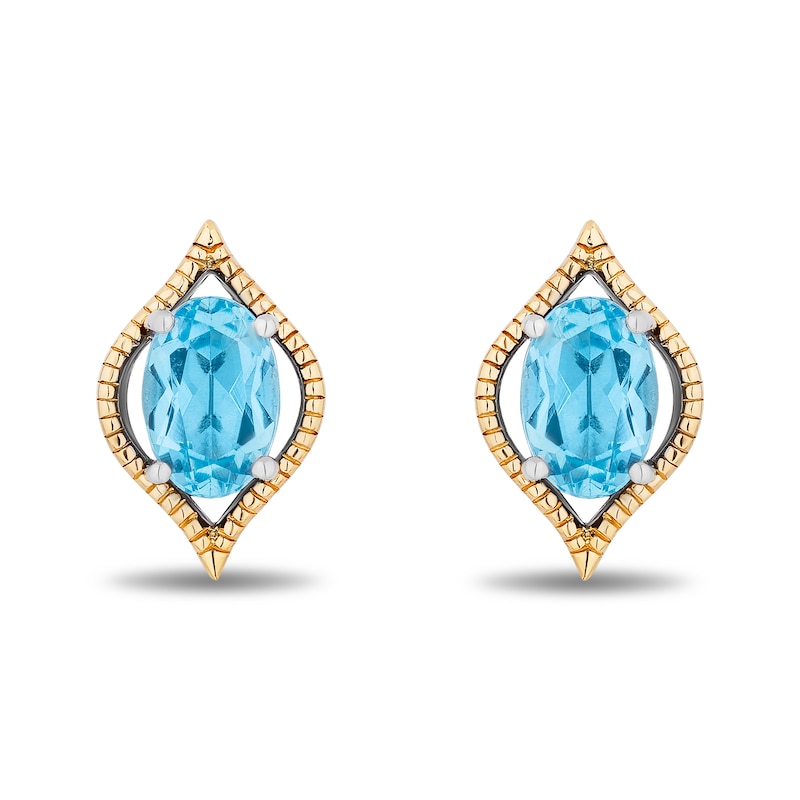 Main Image 1 of Enchanted Disney Jasmine Oval Swiss Blue Topaz Solitaire Marquise Frame Stud Earrings in Sterling Silver and 10K Gold