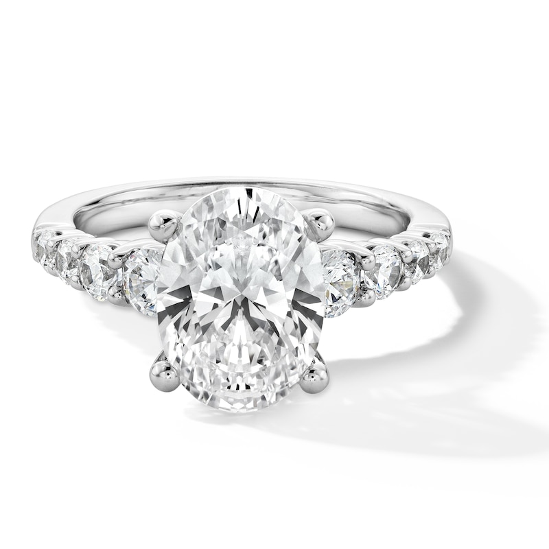 Main Image 1 of 3-3/4 CT. T.W. Oval Certified Lab-Grown Diamond Graduated Shank Engagement Ring in 14K White Gold (I/SI2)
