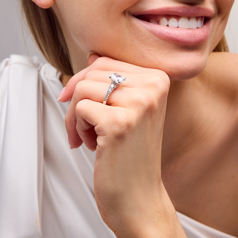 Main Image 2 of 3-3/4 CT. T.W. Oval Certified Lab-Grown Diamond Graduated Shank Engagement Ring in 14K White Gold (I/SI2)