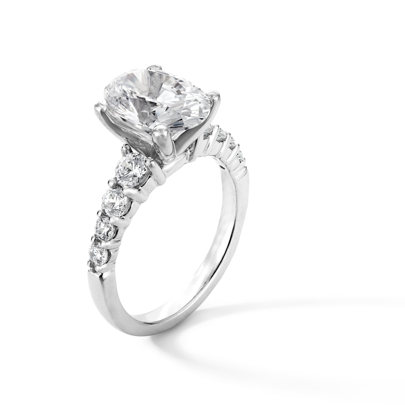 Main Image 3 of 3-3/4 CT. T.W. Oval Certified Lab-Grown Diamond Graduated Shank Engagement Ring in 14K White Gold (I/SI2)