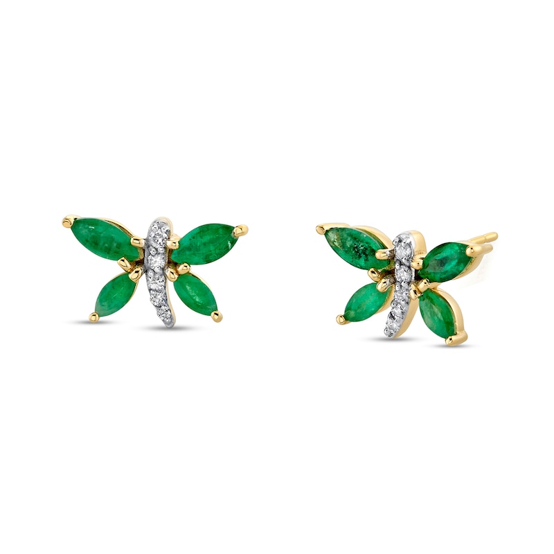 Main Image 1 of Marquise Emerald and 1/15 CT. T.W. Diamond Butterfly Stud Earrings in 14K Gold