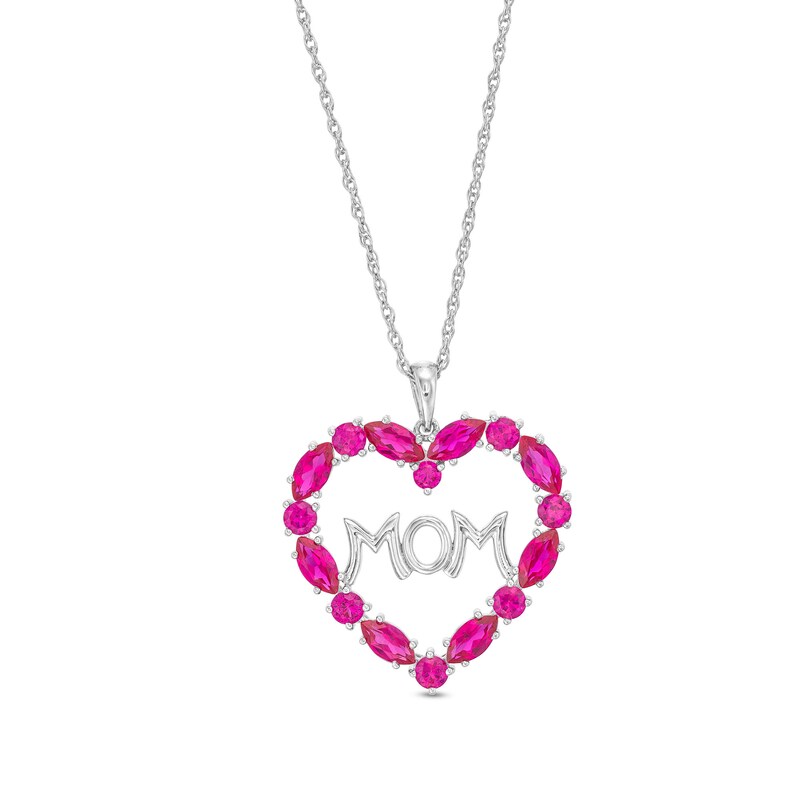 Main Image 1 of Marquise and Round Lab-Created Ruby "MOM" Heart Pendant in Sterling Silver