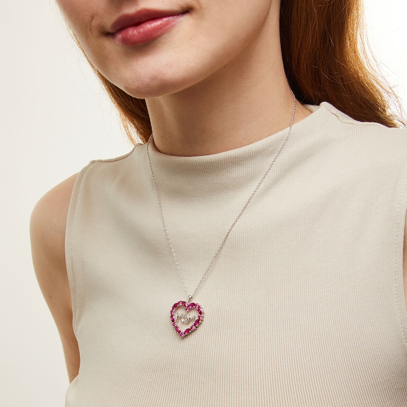 Main Image 2 of Marquise and Round Lab-Created Ruby "MOM" Heart Pendant in Sterling Silver