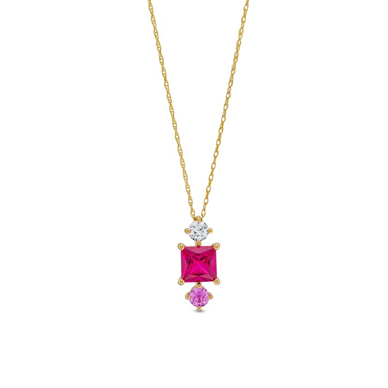 Main Image 1 of Princess-Cut Lab-Created Ruby with Pink and White Lab-Created Sapphire Stacked Three Stone Pendant in 10K Gold