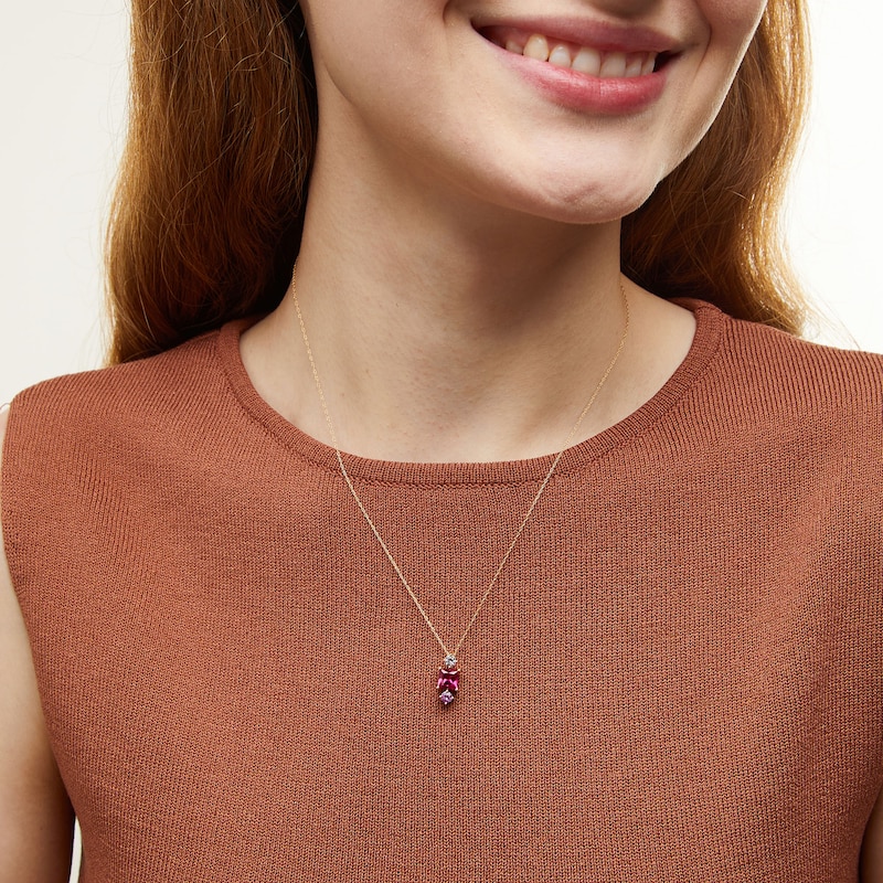 Main Image 2 of Princess-Cut Lab-Created Ruby with Pink and White Lab-Created Sapphire Stacked Three Stone Pendant in 10K Gold