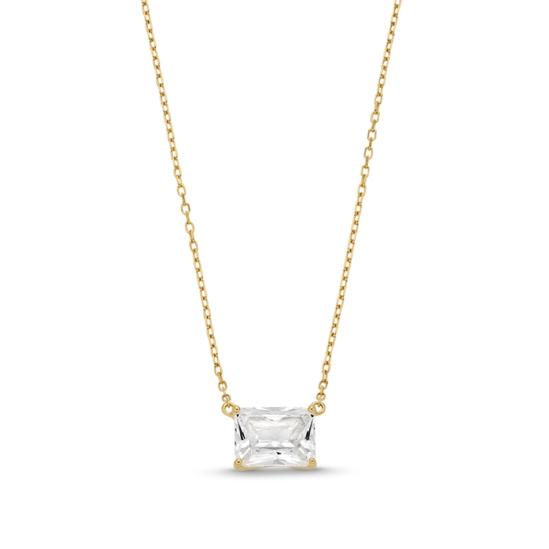 Main Image 1 of Radiant-Cut White Lab-Created Sapphire Sideways Solitaire Necklace in Sterling Silver with 18K Gold Plate - 20"