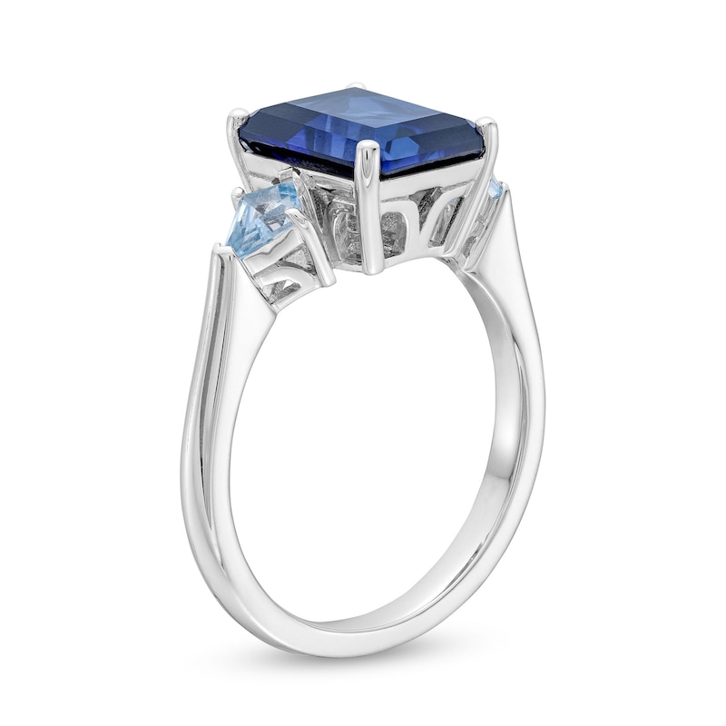 Main Image 3 of Emerald-Cut Blue Lab-Created Sapphire and Kite-Shaped Sky Blue Topaz Three Stone Ring in Sterling Silver