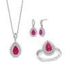 Thumbnail Image 1 of Pear-Shaped Lab-Created Ruby and White Lab-Created Sapphire Sunburst Pendant, Ring and Earrings Set in Sterling Silver