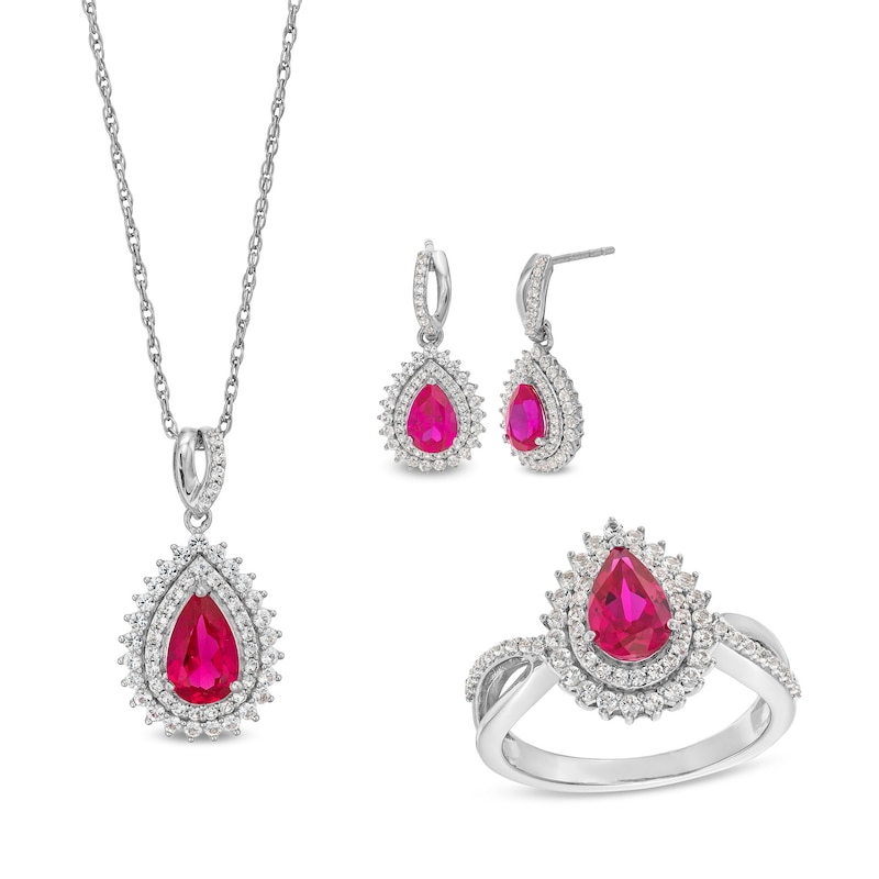 Main Image 1 of Pear-Shaped Lab-Created Ruby and White Lab-Created Sapphire Sunburst Pendant, Ring and Earrings Set in Sterling Silver
