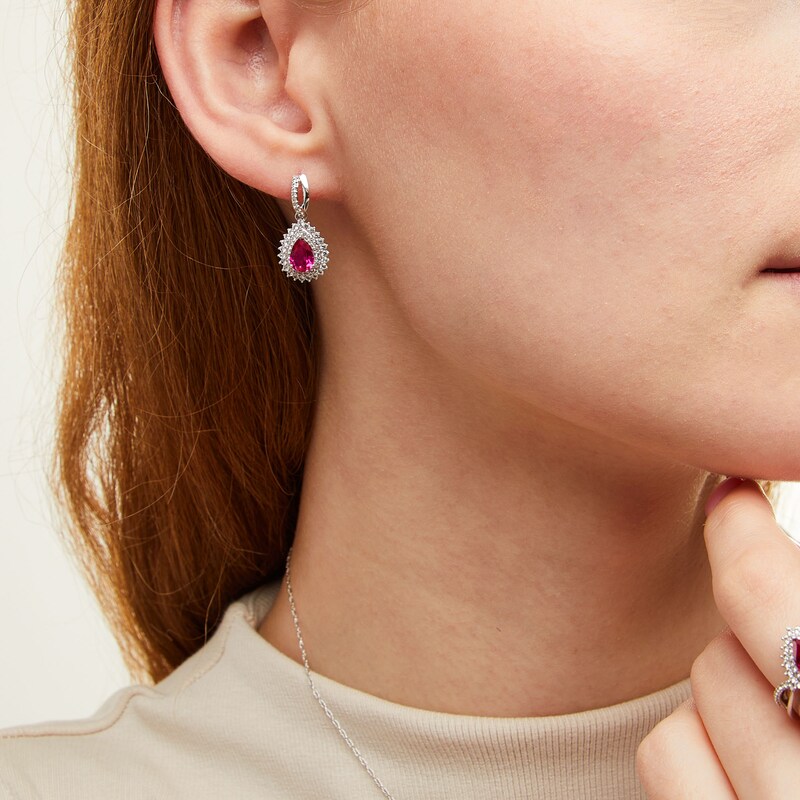 Main Image 3 of Pear-Shaped Lab-Created Ruby and White Lab-Created Sapphire Sunburst Pendant, Ring and Earrings Set in Sterling Silver