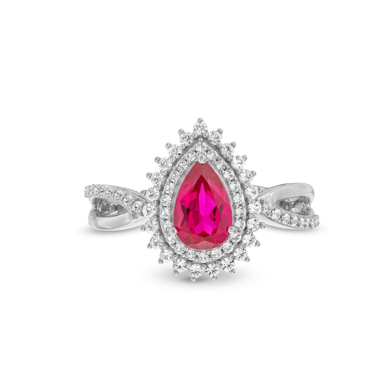 Main Image 4 of Pear-Shaped Lab-Created Ruby and White Lab-Created Sapphire Sunburst Pendant, Ring and Earrings Set in Sterling Silver