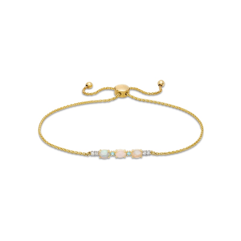 Main Image 1 of Oval Opal and Swiss Blue Topaz with Diamond Accent Bolo Bracelet in 10K Gold - 9.0"