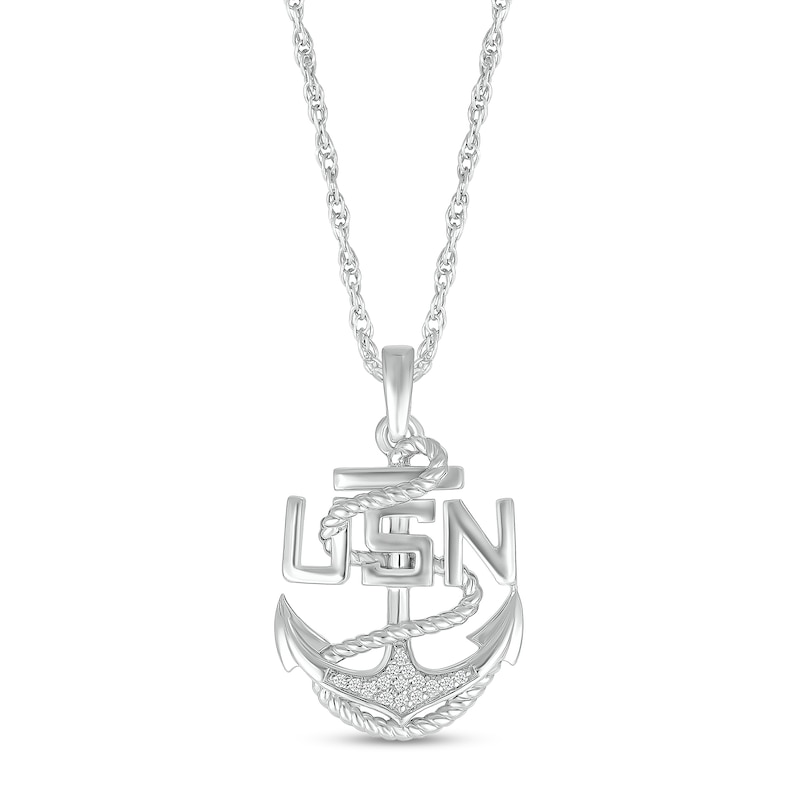 Main Image 1 of 1/20 CT. T.W. Diamond USN Anchor Pendant in Sterling Silver - 18”