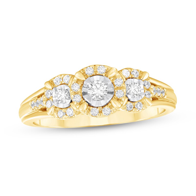 Main Image 1 of 1/4 CT. T.W. Diamond Frame Three Stone Split Shank Engagement Ring in 10K Gold