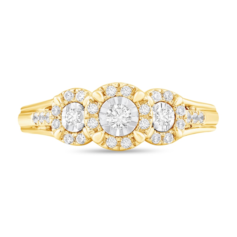 Main Image 3 of 1/4 CT. T.W. Diamond Frame Three Stone Split Shank Engagement Ring in 10K Gold