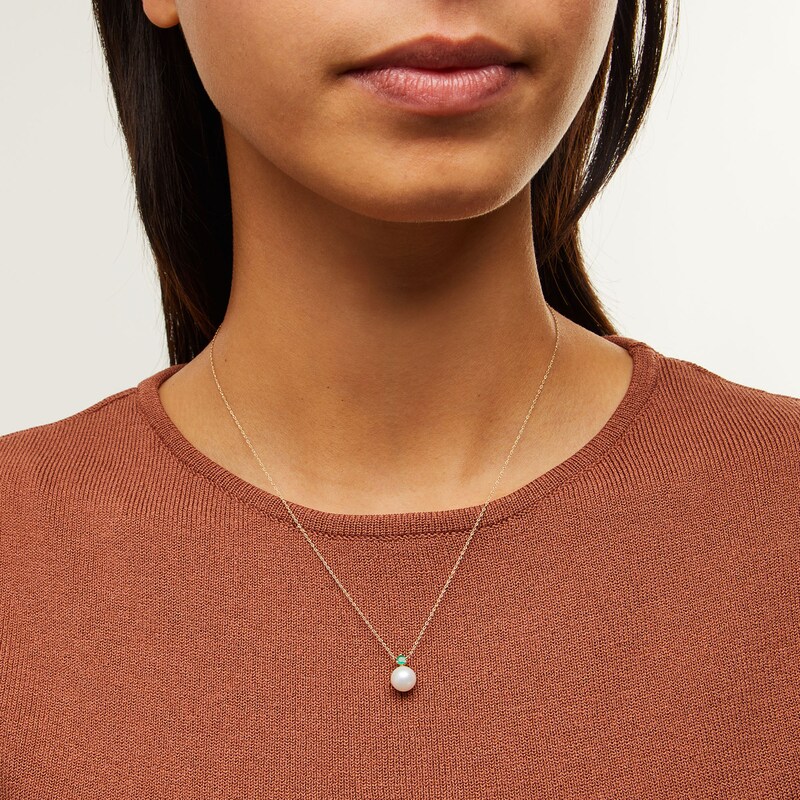 Main Image 2 of 8.0mm Freshwater Cultured Pearl and Emerald Stacked Duo Pendant in 10K Gold
