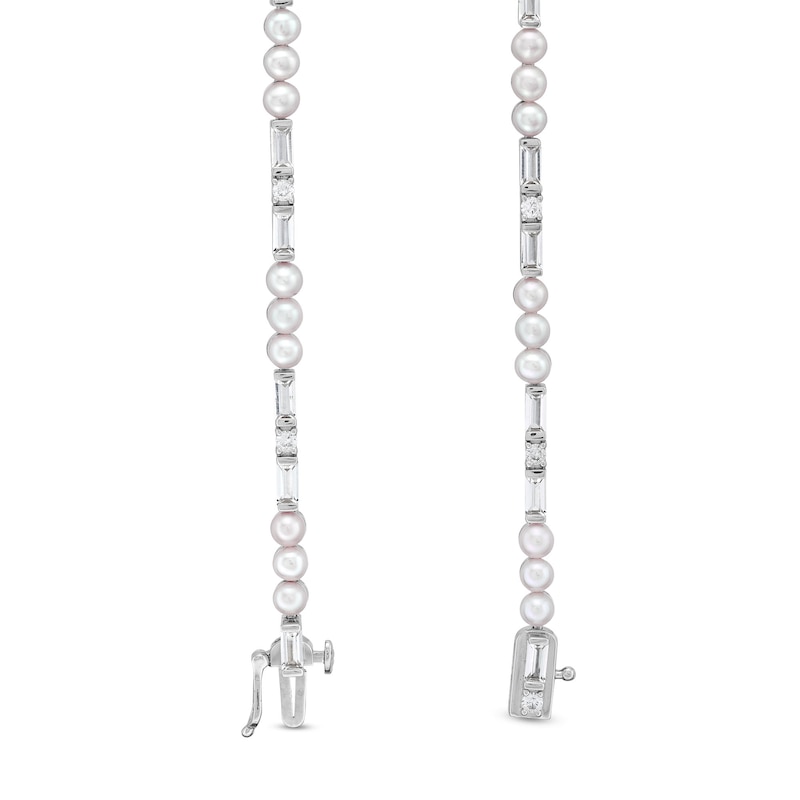 Main Image 3 of Freshwater Cultured Pearl and White Lab-Created Sapphire Alternating Line Bracelet in Sterling Silver-7.25”