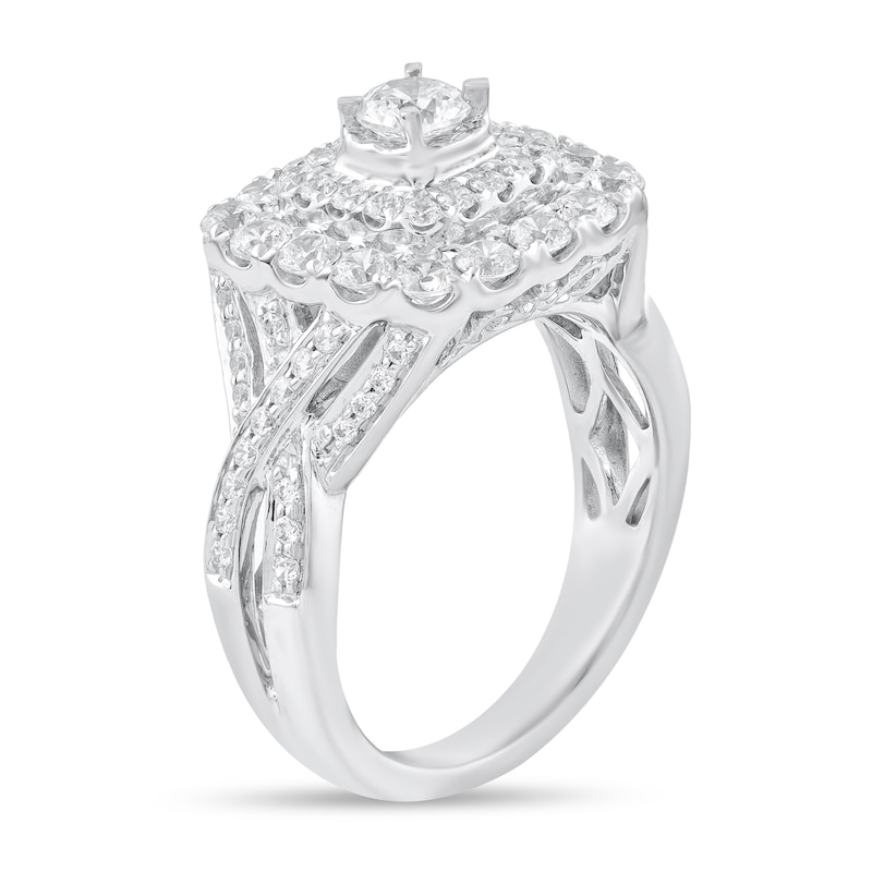 1-1/2 CT. T.W. Diamond Double Cushion Frame Multi-Row Crossover Split Shank Engagement Ring in 14K White Gold