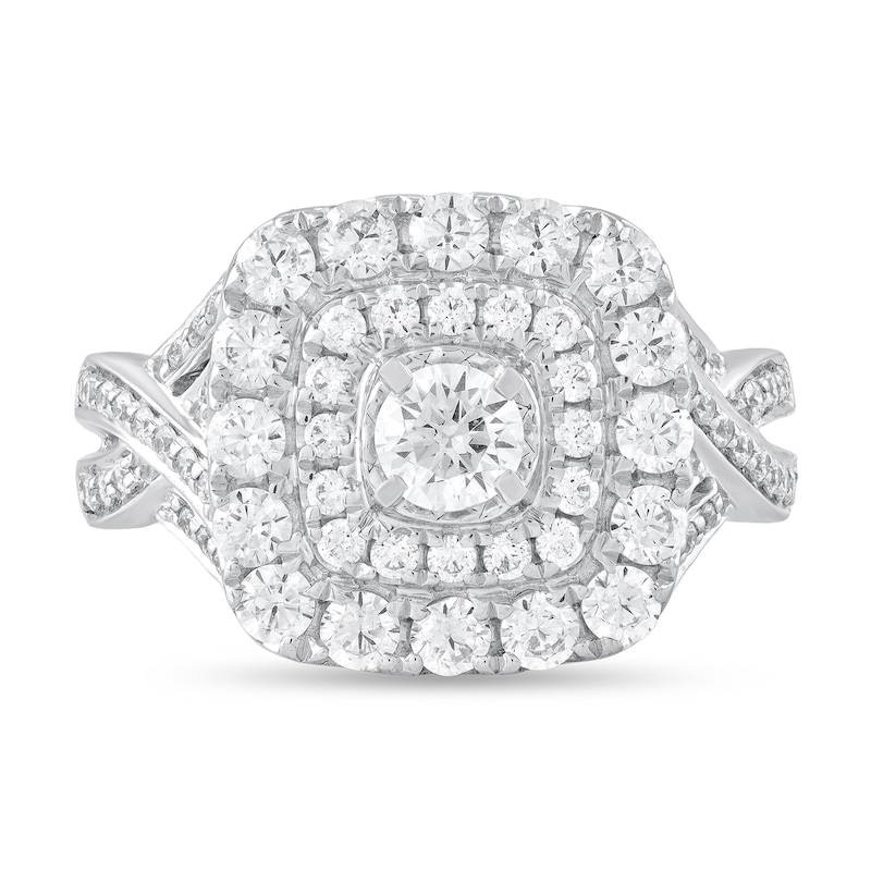 1-1/2 CT. T.W. Diamond Double Cushion Frame Multi-Row Crossover Split Shank Engagement Ring in 14K White Gold