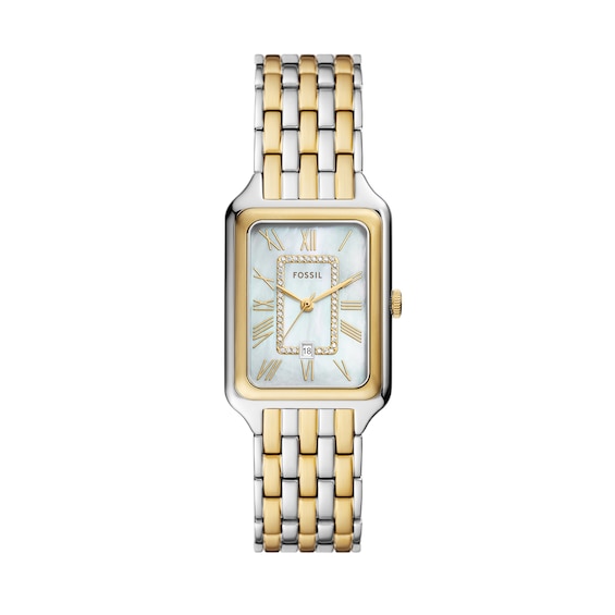 Ladies&acirc; Fossil Raquel Crystal Accent Two-Tone IP Watch with Rectangular Mother-of-Pearl Dial (Model: ES5305)