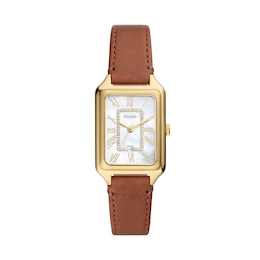 Ladies’ Fossil Raquel Crystal Accent Gold-Tone IP Strap Watch with Rectangular Mother-of-Pearl Dial (Model: ES5307)