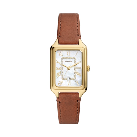 Ladies’ Fossil Raquel Crystal Accent Gold-Tone IP Strap Watch with Rectangular Mother-of-Pearl Dial (Model: ES5307)