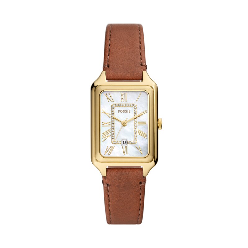 Main Image 1 of Ladies’ Fossil Raquel Crystal Accent Gold-Tone IP Strap Watch with Rectangular Mother-of-Pearl Dial (Model: ES5307)
