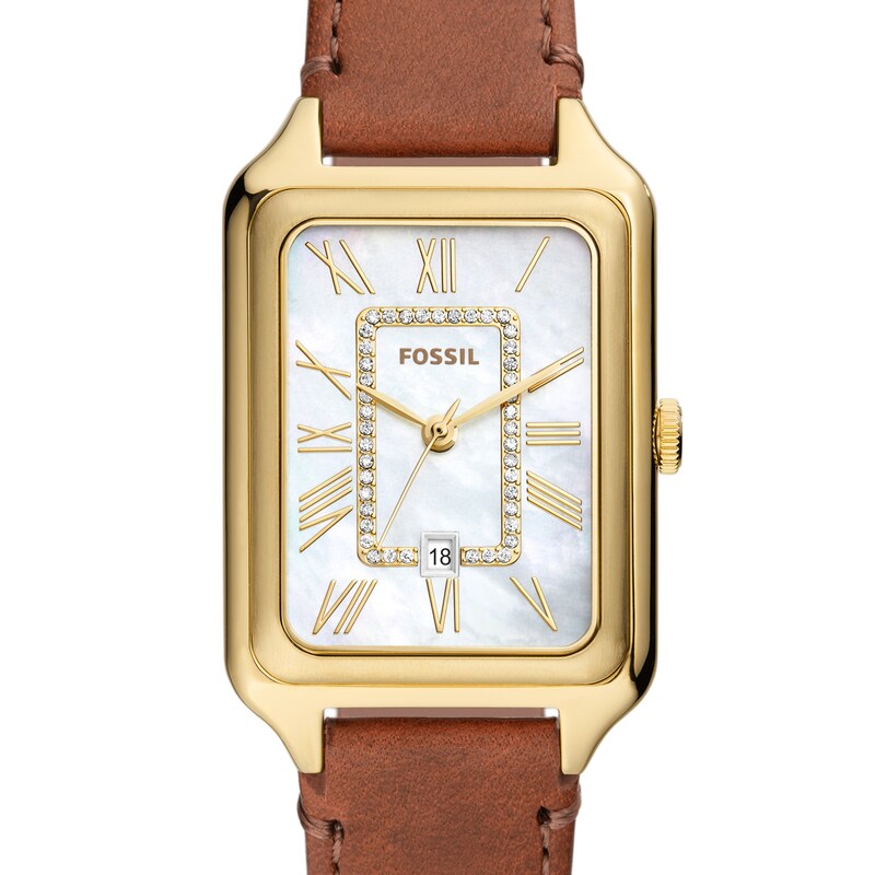 Main Image 5 of Ladies’ Fossil Raquel Crystal Accent Gold-Tone IP Strap Watch with Rectangular Mother-of-Pearl Dial (Model: ES5307)