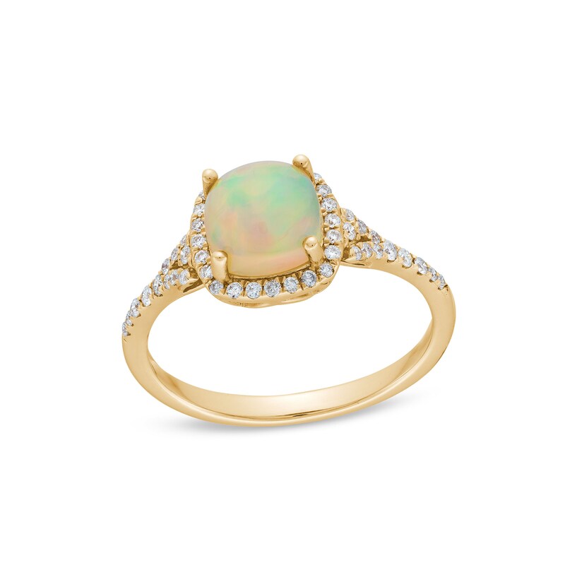 Main Image 1 of 7.0mm Cushion-Cut Opal and 1/5 CT. T.W. Diamond Frame Split Shank Ring in 10K Gold