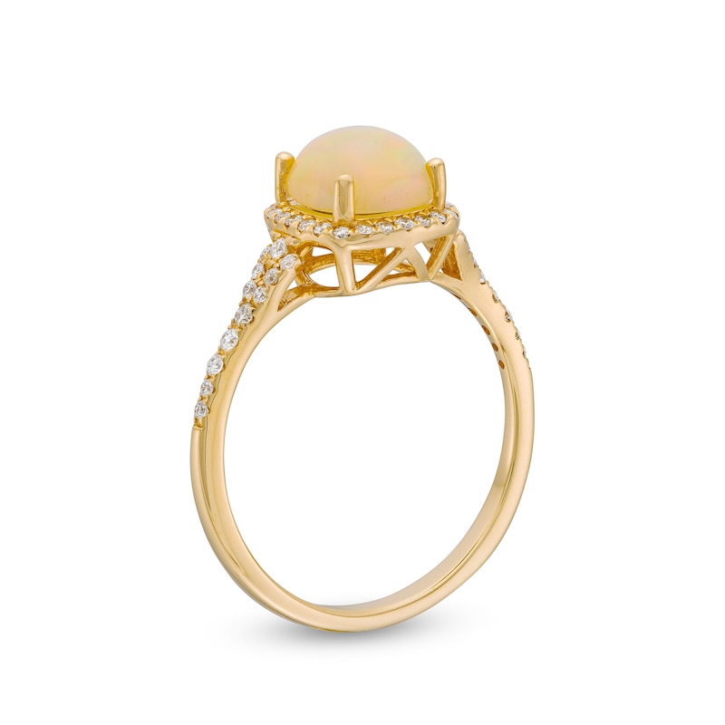 Main Image 3 of 7.0mm Cushion-Cut Opal and 1/5 CT. T.W. Diamond Frame Split Shank Ring in 10K Gold
