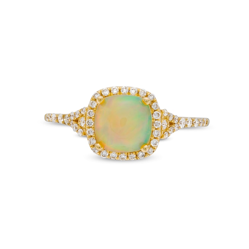 Main Image 4 of 7.0mm Cushion-Cut Opal and 1/5 CT. T.W. Diamond Frame Split Shank Ring in 10K Gold