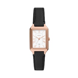 Ladies’ Fossil Raquel Rose-Tone IP Black Leather Strap Watch with Rectangular White Dial (Model: ES5310)