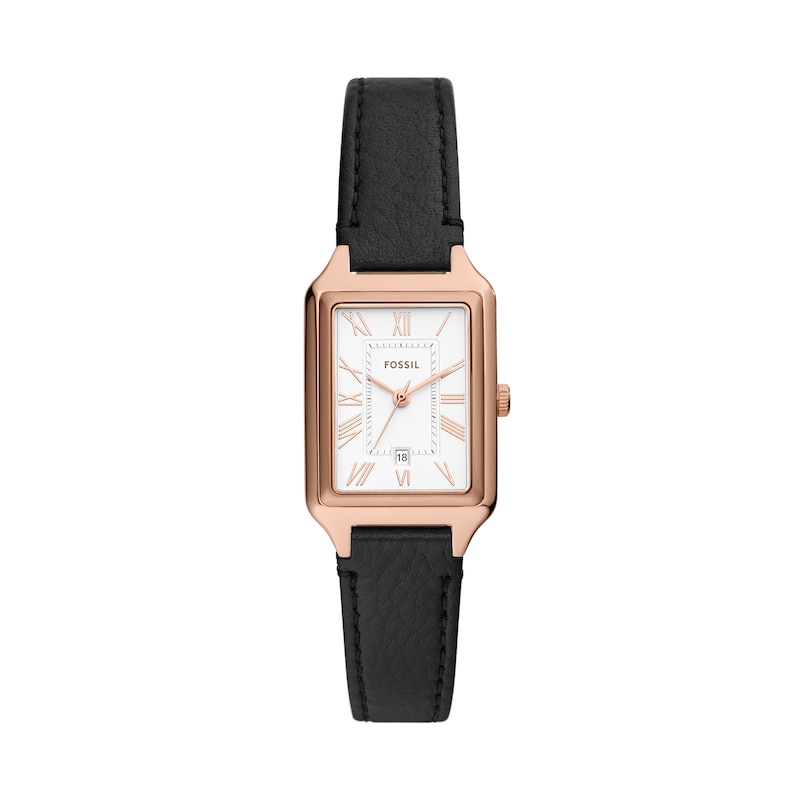 Main Image 1 of Ladies’ Fossil Raquel Rose-Tone IP Black Leather Strap Watch with Rectangular White Dial (Model: ES5310)