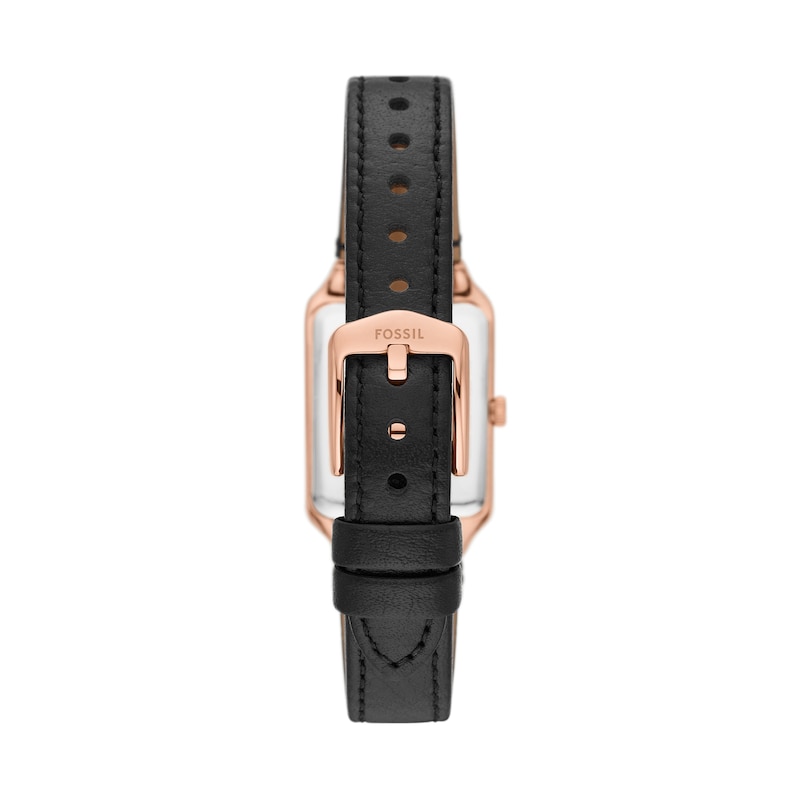 Main Image 2 of Ladies’ Fossil Raquel Rose-Tone IP Black Leather Strap Watch with Rectangular White Dial (Model: ES5310)