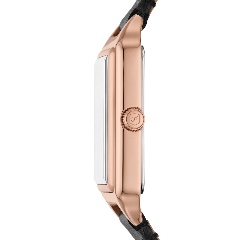 Main Image 3 of Ladies’ Fossil Raquel Rose-Tone IP Black Leather Strap Watch with Rectangular White Dial (Model: ES5310)