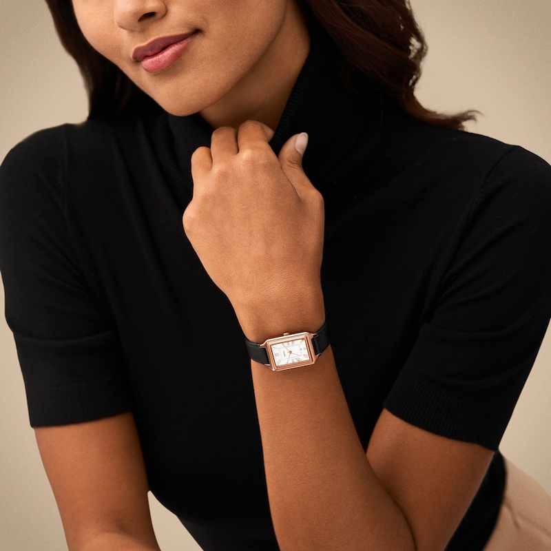 Main Image 4 of Ladies’ Fossil Raquel Rose-Tone IP Black Leather Strap Watch with Rectangular White Dial (Model: ES5310)