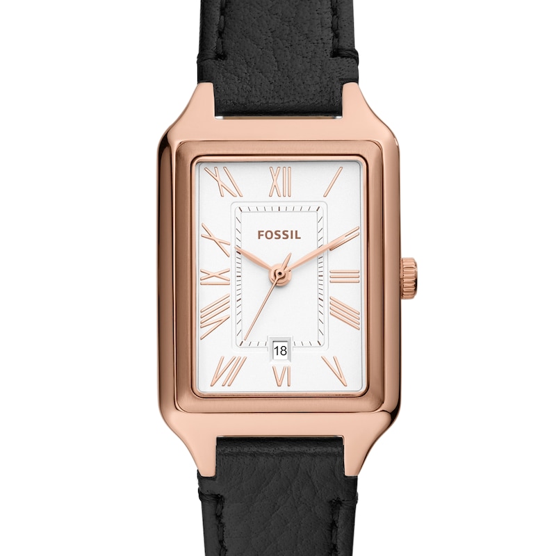 Main Image 5 of Ladies’ Fossil Raquel Rose-Tone IP Black Leather Strap Watch with Rectangular White Dial (Model: ES5310)
