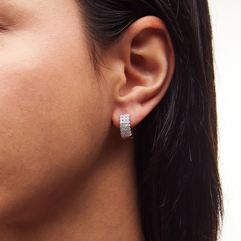 Main Image 2 of 1/4 CT. T.W. Diamond Miracle Triple Row Huggie Hoop Earrings in Sterling Silver