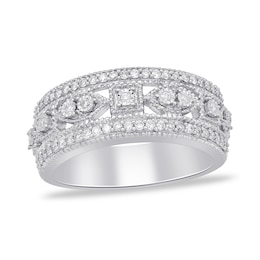 Previously Owned - 1/3 CT. T.W. Diamond Square and Marquise Frames Vintage-Style Triple Row Band in 14K White Gold