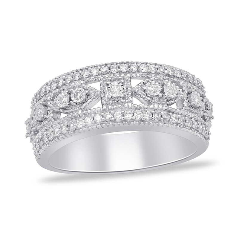 Main Image 1 of Previously Owned - 1/3 CT. T.W. Diamond Square and Marquise Frames Vintage-Style Triple Row Band in 14K White Gold