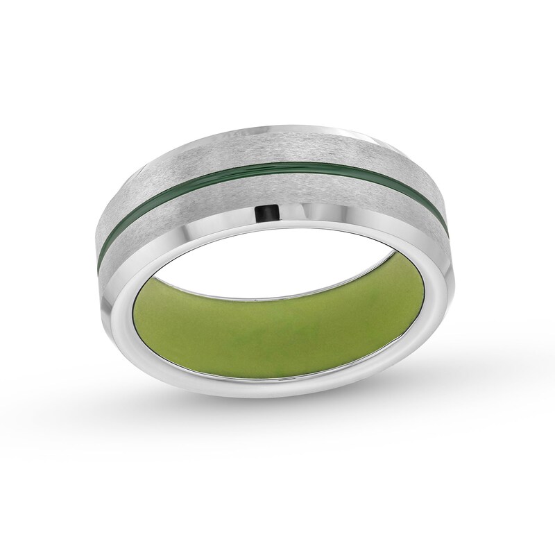 Main Image 1 of 8.0mm Multi-Finish Beveled Edge Wedding Band in Tungsten with Green IP Center Stripe and Silicone - Size 10