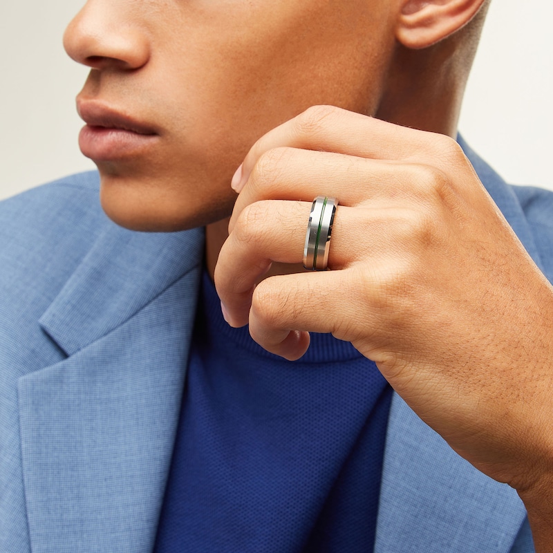 Main Image 2 of 8.0mm Multi-Finish Beveled Edge Wedding Band in Tungsten with Green IP Center Stripe and Silicone - Size 10