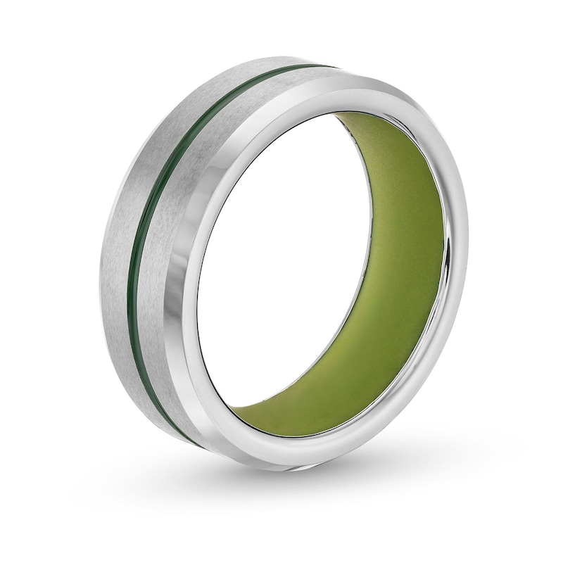 Main Image 3 of 8.0mm Multi-Finish Beveled Edge Wedding Band in Tungsten with Green IP Center Stripe and Silicone - Size 10