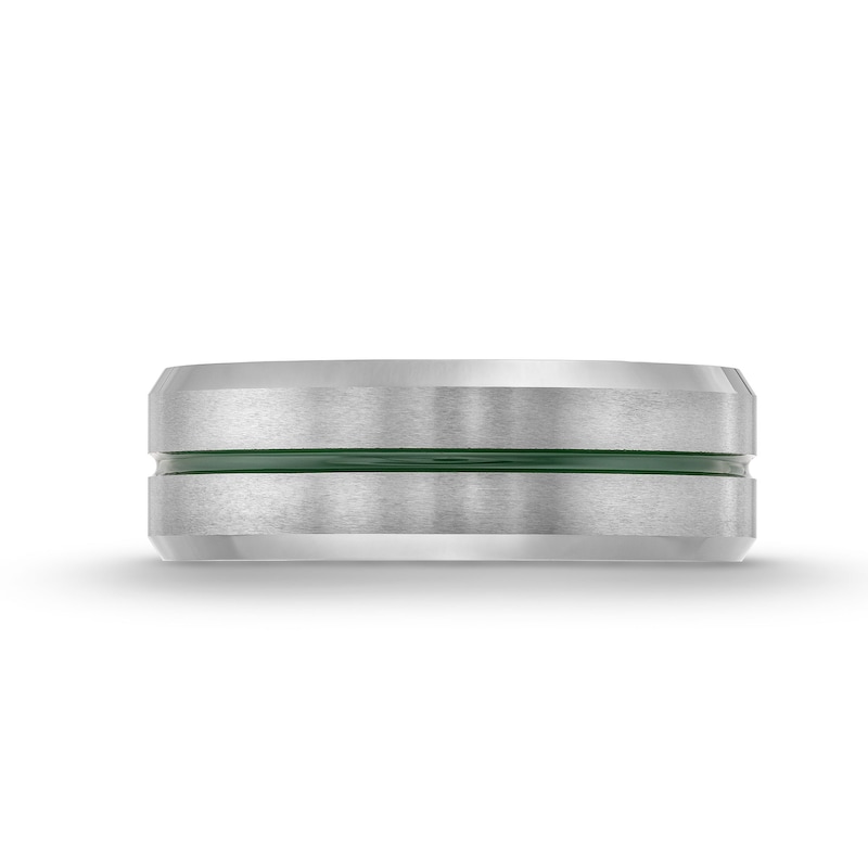 Main Image 4 of 8.0mm Multi-Finish Beveled Edge Wedding Band in Tungsten with Green IP Center Stripe and Silicone - Size 10