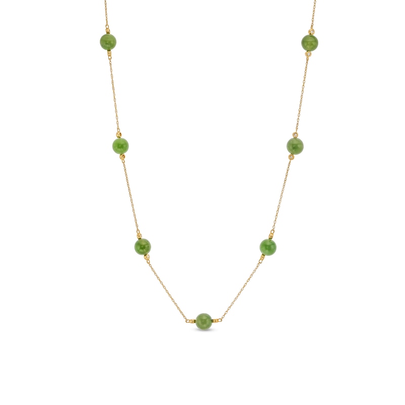 Main Image 1 of 6.0mm Jade and 1/10 CT. T.W. Diamond Station Necklace in 14K Gold - 20"