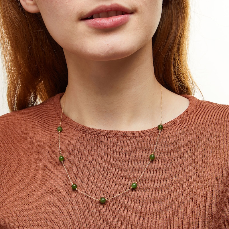 Main Image 2 of 6.0mm Jade and 1/10 CT. T.W. Diamond Station Necklace in 14K Gold - 20"