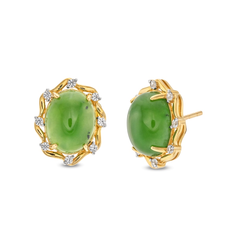 Main Image 1 of Oval Jade and 1/8 CT. T.W. Diamond Alternating Frame Stud Earrings in 14K Gold